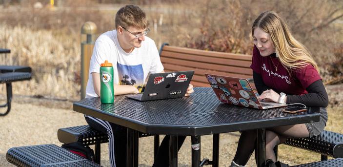 2 students sitting at an outdoor table studying with laptops open