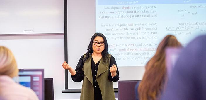 Professor Hannarae Lee teaching a class on Analyzing Criminal Justice Data speaking in front of a projector screen with notes about a T-test
