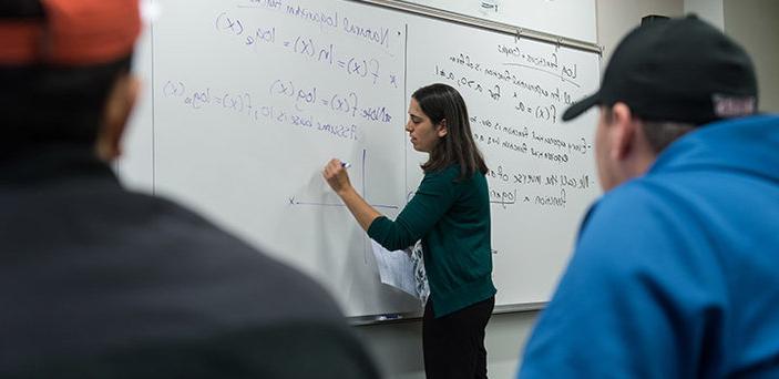 BSU数学教授Rachel Stahl在一块白板上写着“自然对数函数”，学生们在旁边看着